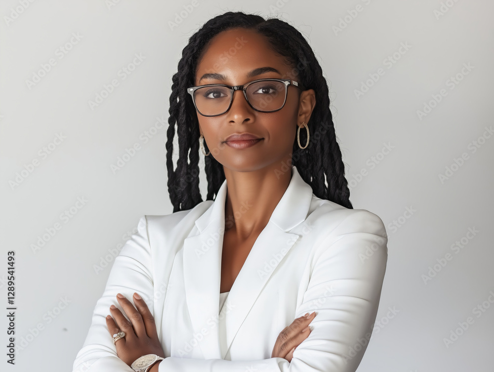 Confident businesswoman with crossed arms wearing glasses and white suit