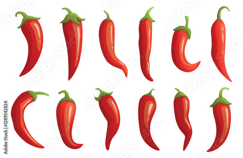 Cartoon chilli peppers. Red hot peppers, harvest fresh vegetables. Raw ingredients for cooking, cut vitamin salad, pizza. Spice mexican, nowaday vector set