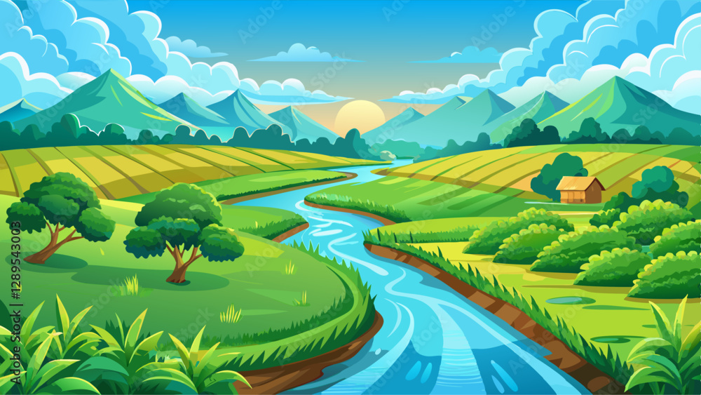 Fototapeta premium Lush green fields and a serene waterway under a clear blue sky.