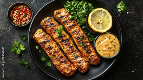 Grilled chicken skewers, lemon, sauce, dark background, food photography photo