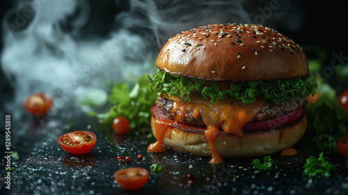 Wallpaper Mural Juicy Cheeseburger Melted Cheese Sesame Bun  Steam Torontodigital.ca