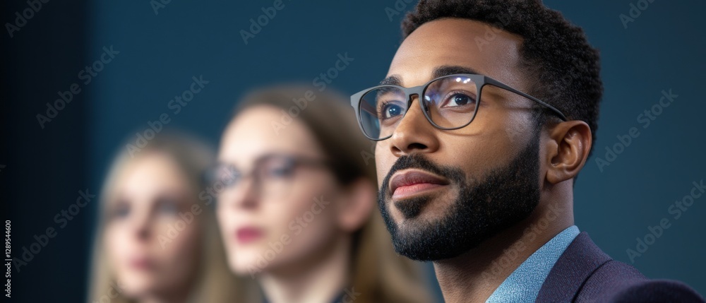 Obraz premium Man with glasses and blurred figures stock image