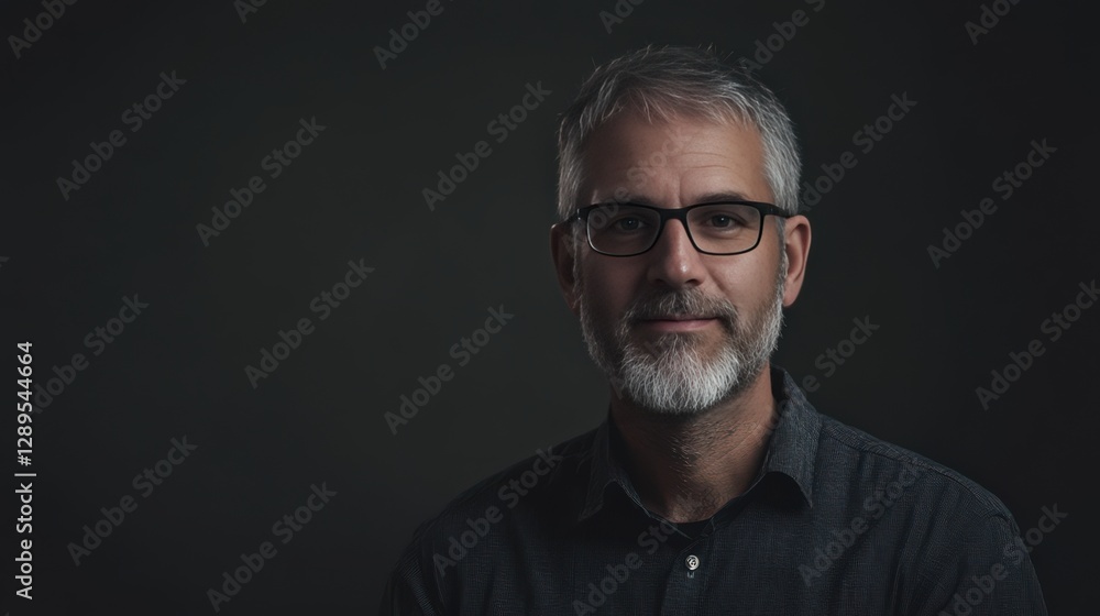 Obraz premium Confident Middle-Aged Man with Glasses in a Dark Studio Setting