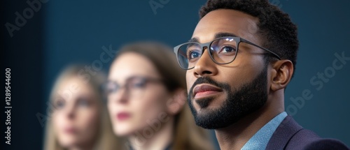 Man with glasses and blurred figures stock image
