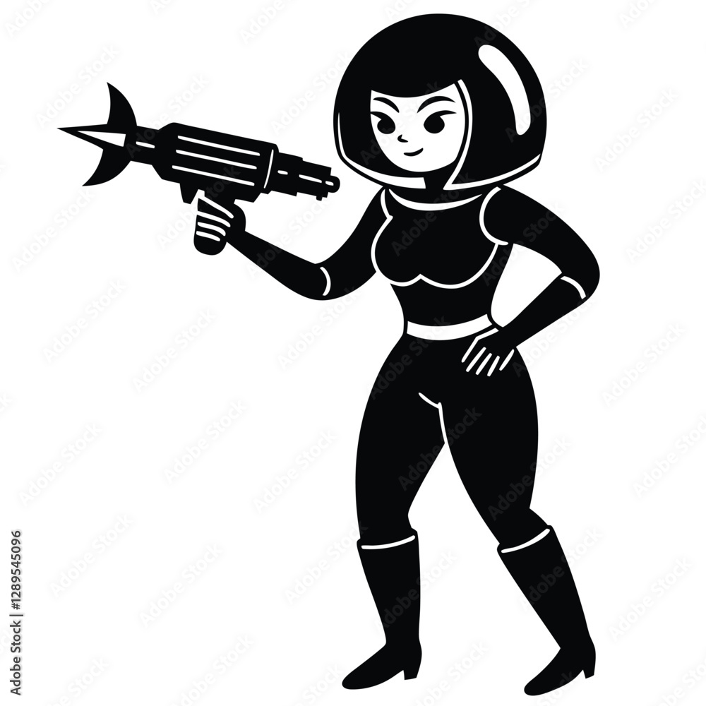 female space hero, ray gun, form-fitting spacesuit, bob haircut, determined expression, 1950s comic book style, bold lines, Adobe Ilretro sci-fi, black and white illustration, female space hero, ray gun, form-fitting spacesuit, bob haircut, determined expression, 1950s comic book style, bold lines, Adobe Ilretro sci-fi, black and white illustration,