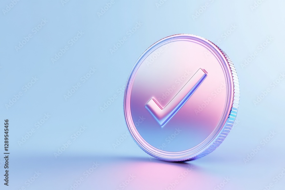 holographic coin with check mark on blue background holographic coin with check mark on blue background