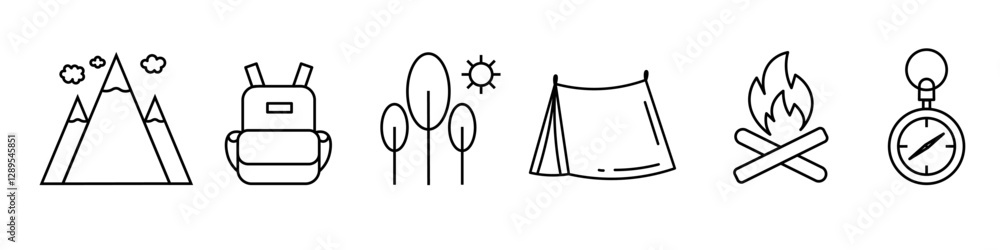 Linear camping icons.
Set of thin contour icons of camping, services. Vector illustration. Linear camping icons.
Set of thin contour icons of camping, services. Vector illustration.