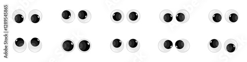 A set of plastic toy eyes. Glossy, bulging, puppet eyes. Cute, round, vector, isolated elements. Look down, up, left, right. Different, shaking, silly, hilarious pairs of eyeballs. Vector illustration