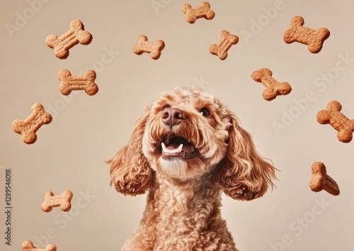 Dog looking up at floating dog treats in shape of bone cookies, concept of labradoodle canine nutrition and healthy diet