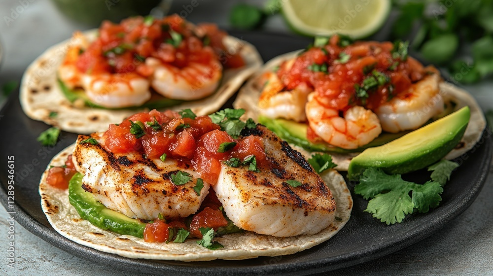 Grilled fish & shrimp tacos, salsa, lime, avocado, kitchen Grilled fish & shrimp tacos, salsa, lime, avocado, kitchen