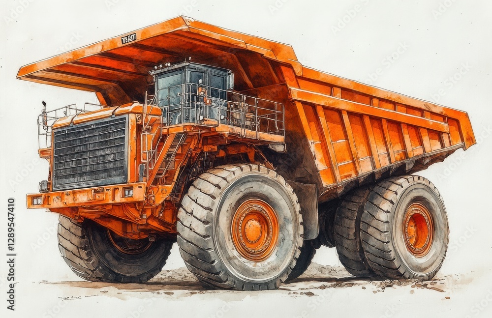Obraz premium Detailed illustration of an orange industrial dump truck in side profile