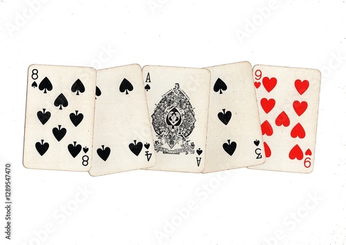 A hand of vintage playing cards on a white background.