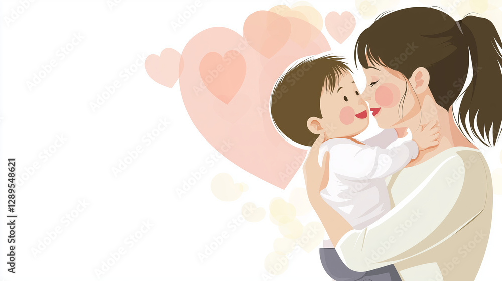 Loving mother embracing and kissing her baby with hearts background Loving mother embracing and kissing her baby with hearts background