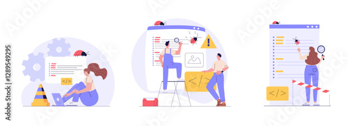 Software testing illustration set. Coders working with code testing and debugging, searching bugs. Collection of software testing, bug report, quality assurance, fixing program code. Vector design