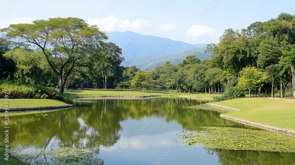 Fototapeta premium Serene mountain golf course lake