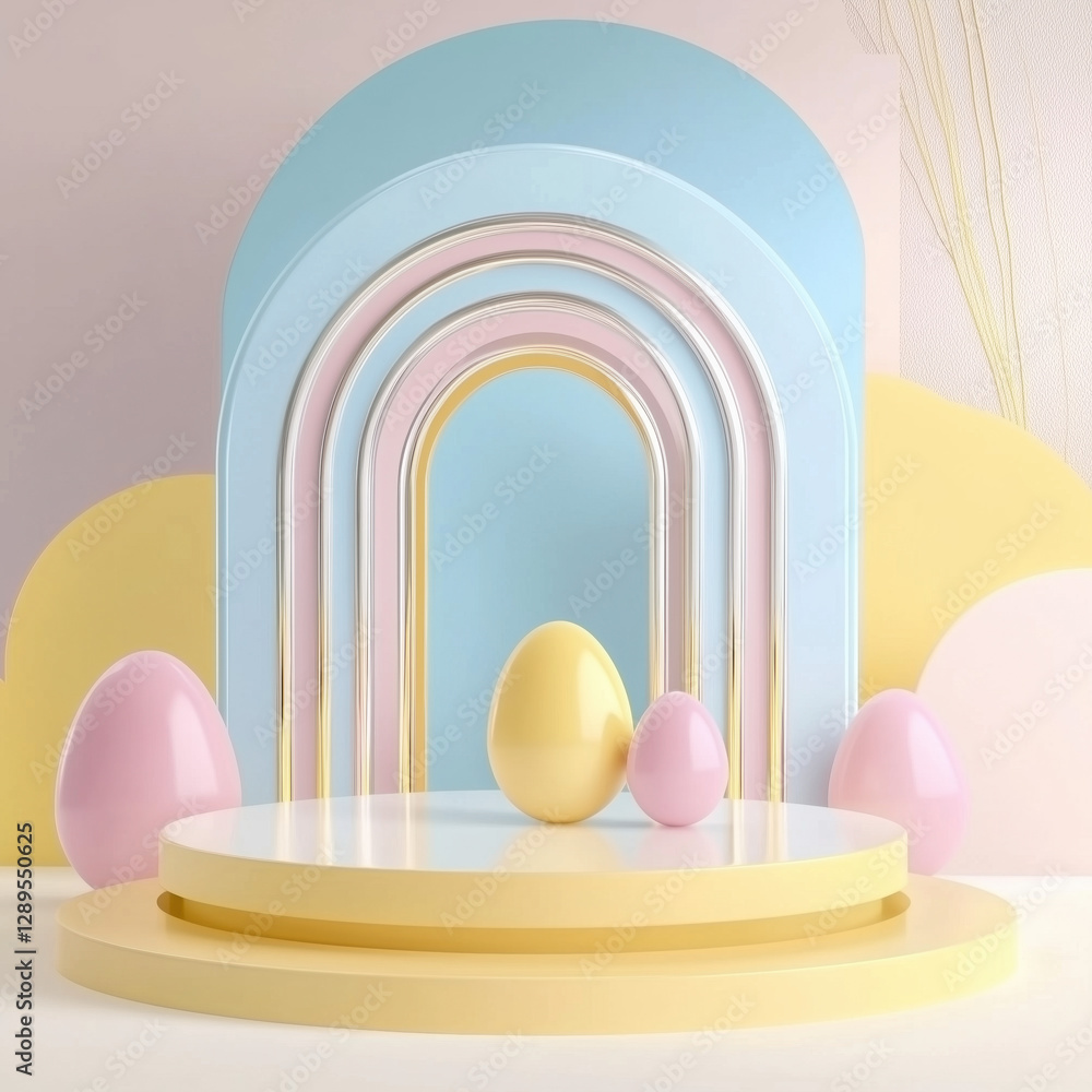 Set of 3D happy easter day background. Yellow, blue, pink and white podium in egg oval shape gate backdrop scene. Platforms mockup product display. Abstract composition minimal design. Stage showcase.