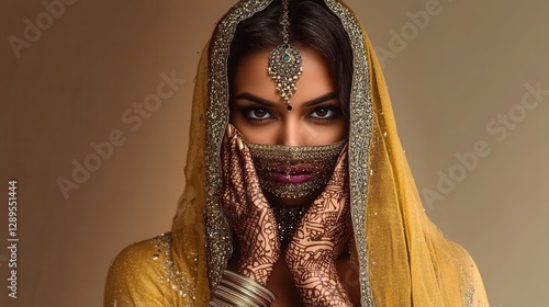 Portrait of hindu woman wearing traditional clothing and henna tattoos photo