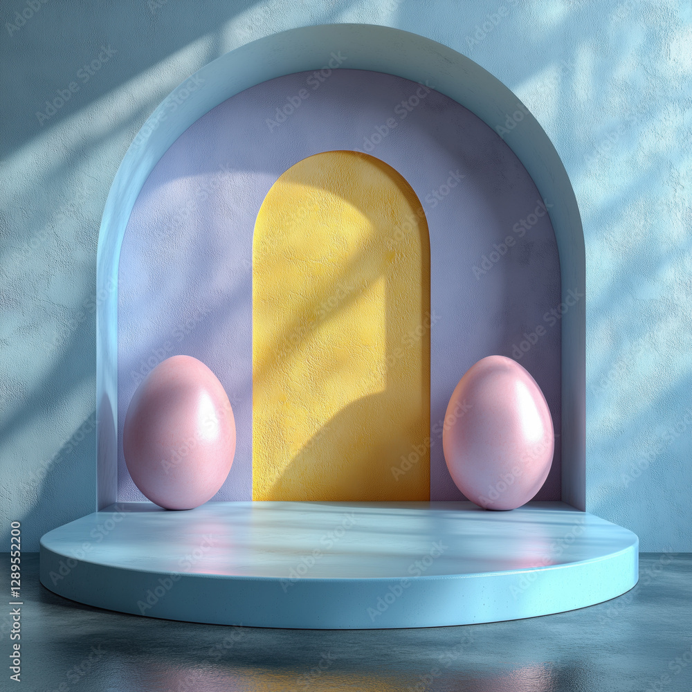 Set of 3D happy easter day background. Yellow, blue, pink and white podium in egg oval shape gate backdrop scene. Platforms mockup product display. Abstract composition minimal design. Stage showcase.