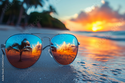 Wallpaper Mural Spectacular Sunset Reflected In Aviator Sunglasses Resting On Sandy Beach With Vivid Colors Torontodigital.ca