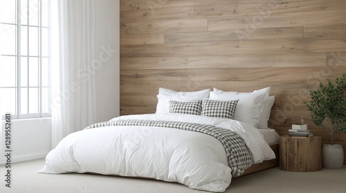 Modern bedroom interior with white bedding and wooden wall.  Possible use Stock photo for home decor, interior design