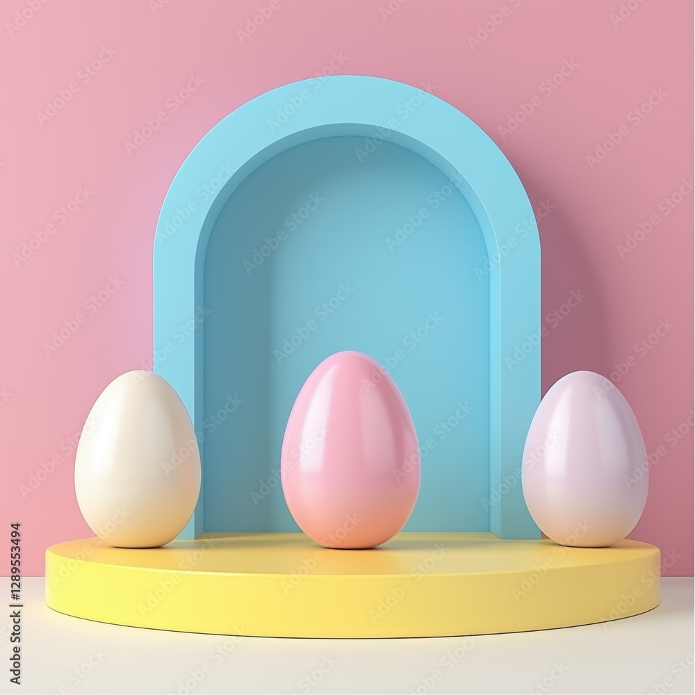 Set of 3D happy easter day background. Yellow, blue, pink and white podium in egg oval shape gate backdrop scene. Platforms mockup product display. Abstract composition minimal design. Stage showcase.