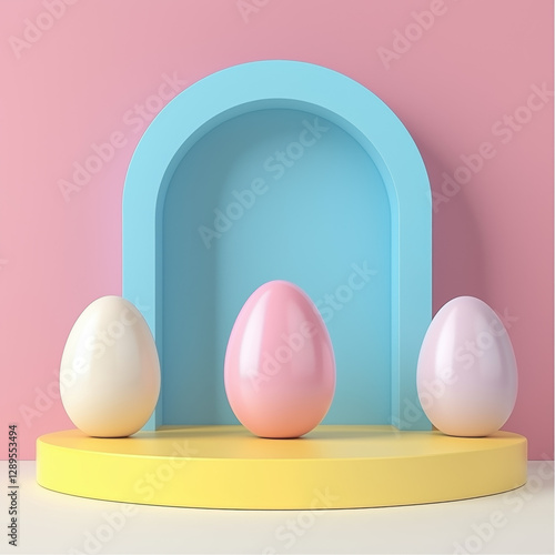 Obraz na płótnie Set of 3D happy easter day background. Yellow, blue, pink and white podium in egg oval shape gate backdrop scene. Platforms mockup product display. Abstract composition minimal design. Stage showcase. w salonie
