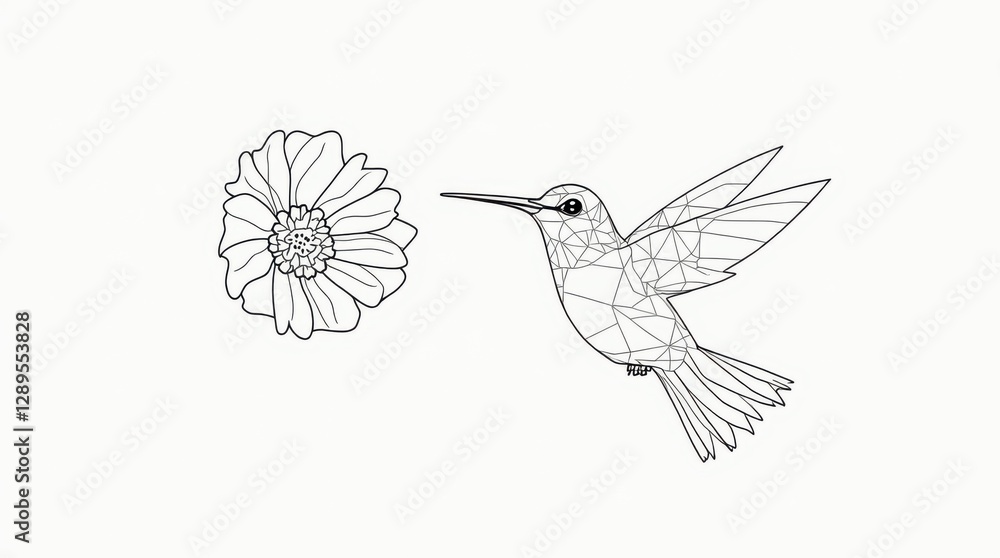 Fototapeta premium Geometric Line Art Hummingbird and Flower
