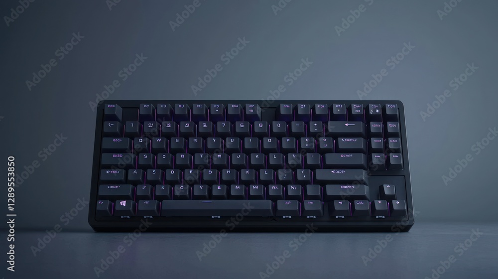Dark Keyboard with Purple Lighting on Gray Background Dark Keyboard with Purple Lighting on Gray Background
