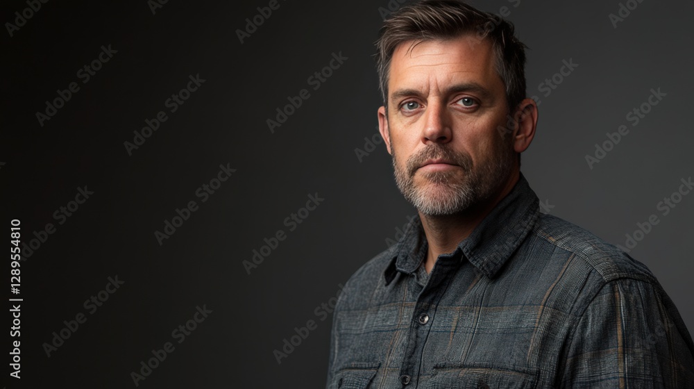 Portrait of a Thoughtful Man in a Casual Flannel Shirt Against a Dark Background