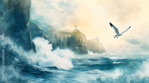 A coastal scene with dramatic cliffs rising above crashing waves seagulls soaring and a lighthouse perched at the edge illustrated in watercolor.