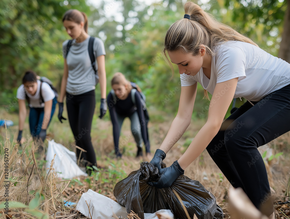 Volunteers collecting trash in forest wearing gloves Volunteers collecting trash in forest wearing gloves