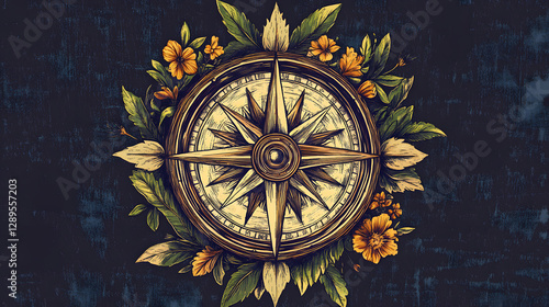 A compass with intricate floral details and the four cardinal directions symbolizing guidance and nature.