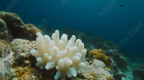 A coral reef destroyed by bleaching with pale lifeless coral stretching into the distance.