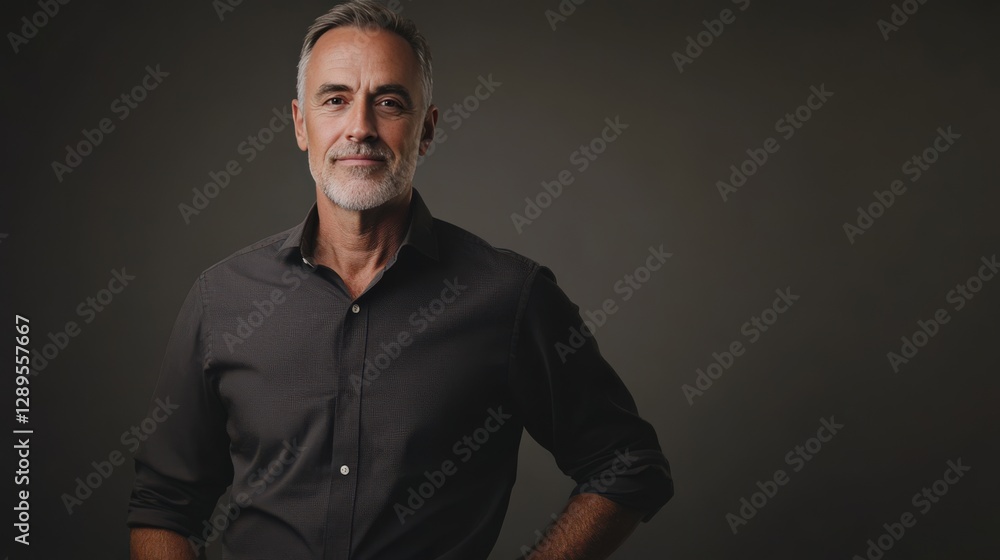 Confident Mature Man in a Dark Shirt Posing Against a Neutral Background Confident Mature Man in a Dark Shirt Posing Against a Neutral Background