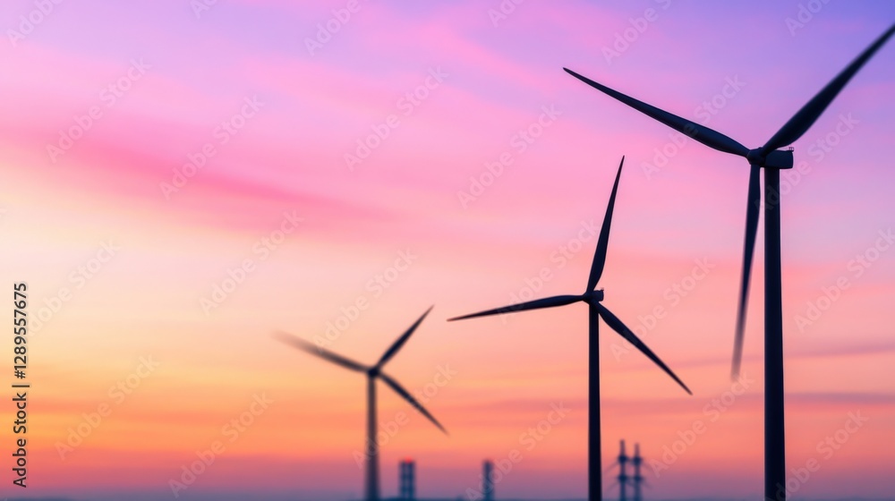 Wind turbines at sunset generating renewable energy Wind turbines at sunset generating renewable energy
