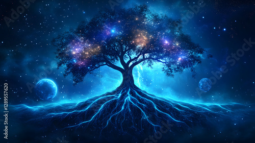 A cosmic tree with roots spreading into the stars and branches extending to planets and galaxies.