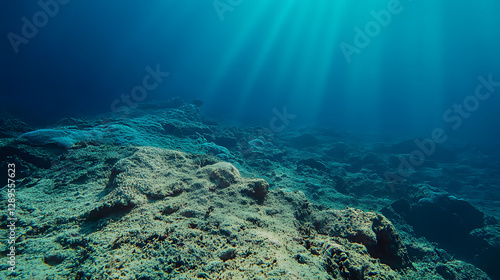 A coral reef destroyed by bleaching with pale lifeless coral stretching into the distance.