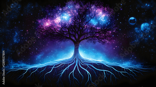 A cosmic tree with roots spreading into the stars and branches extending to planets and galaxies.