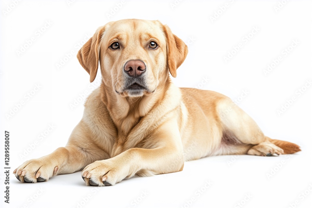 A calm and attentive Labrador lying down, exuding confidence and serenity. A great visual for pet care brands and relaxation themes. A calm and attentive Labrador lying down, exuding confidence and serenity. A great visual for pet care brands and relaxation themes.