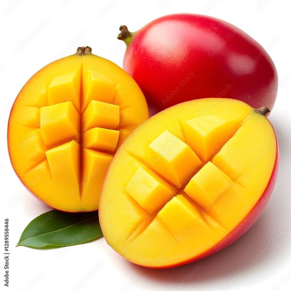 Photorealistic mango, vibrant yellow fruit, green leaves, white background Photorealistic mango, vibrant yellow fruit, green leaves, white background
