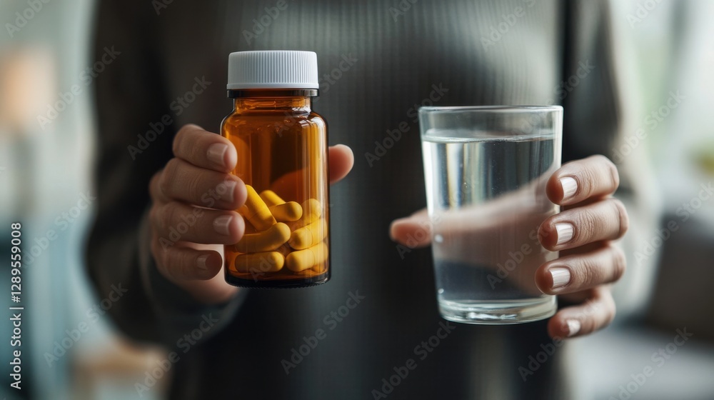 Unrecognizable woman holding a pill bottle and a glass of water, symbolizing healthcare, medication, and treatment. Concept of pharmacology, wellness, and personal care Unrecognizable woman holding a pill bottle and a glass of water, symbolizing healthcare, medication, and treatment. Concept of pharmacology, wellness, and personal care