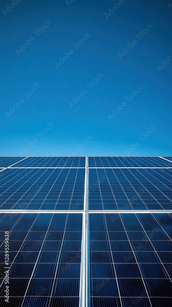 Vertical close-up of a solar panel against a bright blue sky, showcasing renewable energy technology and sustainable power generation under clear, sunny conditions Vertical close-up of a solar panel against a bright blue sky, showcasing renewable energy technology and sustainable power generation under clear, sunny conditions
