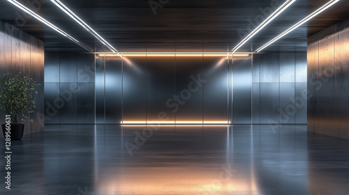 Sleek High-Tech Workspace Featuring a Polished Concrete Floor and Futuristic Metallic Backdrop, Enhanced by LED Strip Lighting, for Showcasing Cutting-Edge Tech Gadgets and Modern Office Products