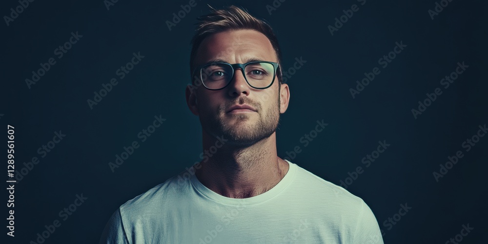 Obraz premium Confident Young Man in Glasses Against a Dark Background