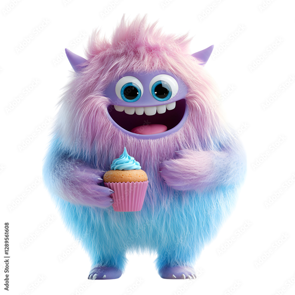 A Fluffy 3D Cartoon Monster Holding a Glowing Cupcake Isolated on Transparent Background A Fluffy 3D Cartoon Monster Holding a Glowing Cupcake Isolated on Transparent Background