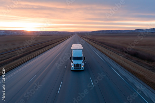 White truck moves on open road at sunset, highlighting long-haul journey, professional trucking, and transportation freedom. photo