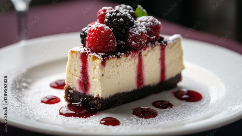 New York cheesecake with fresh berries on white plate New York cheesecake with fresh berries on white plate