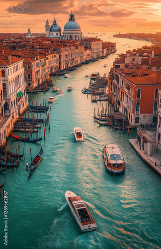 A large group of boats is gently floating down a picturesque river in Venice