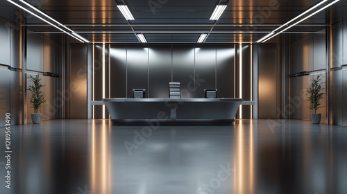 Sleek High-Tech Workspace Featuring a Polished Concrete Floor and Futuristic Metallic Backdrop, Enhanced by LED Strip Lighting, for Showcasing Cutting-Edge Tech Gadgets and Modern Office Products
