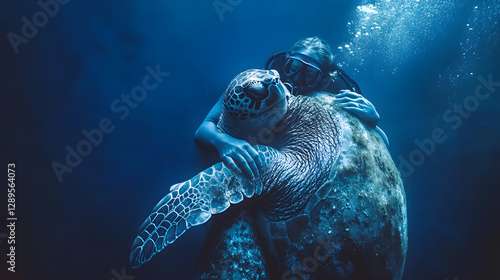 A diver underwater hugging a giant sea turtle in clear vibrant blue waters.